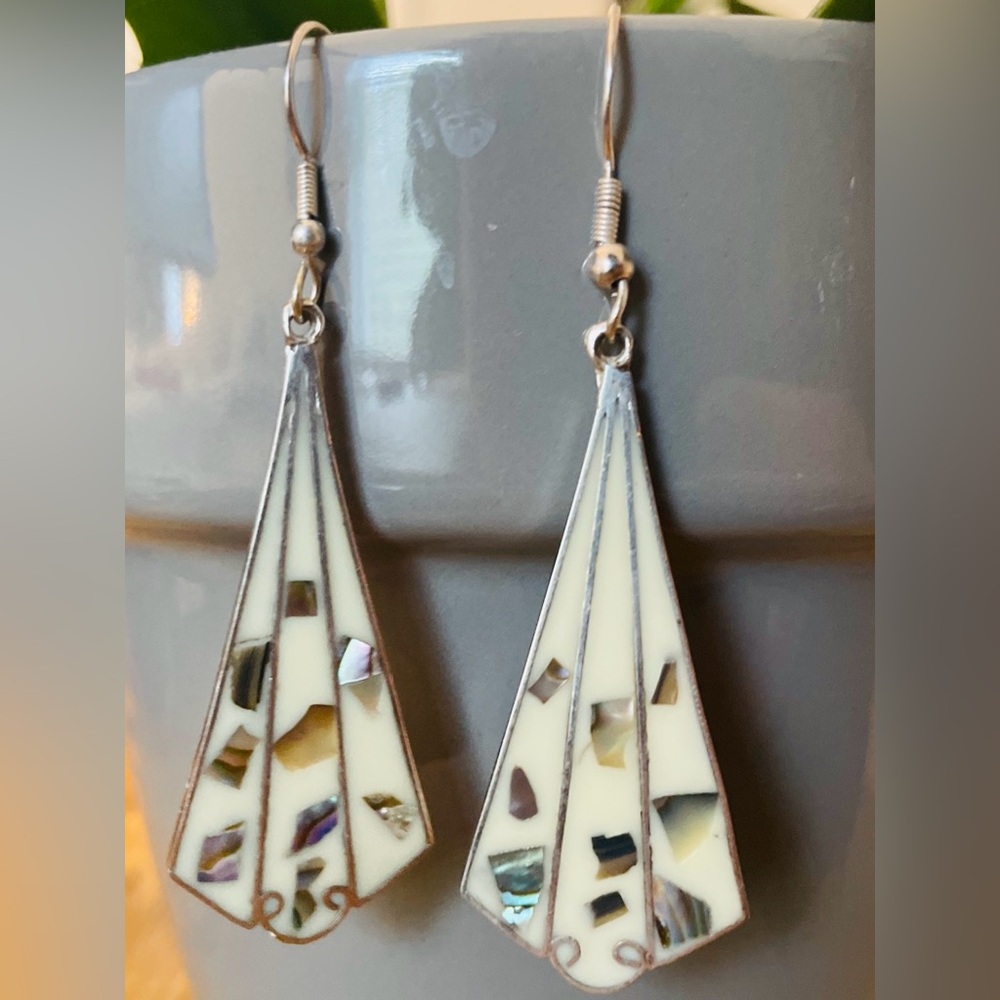 Silver and Cream Earrings with Mother of Pearl Inlay